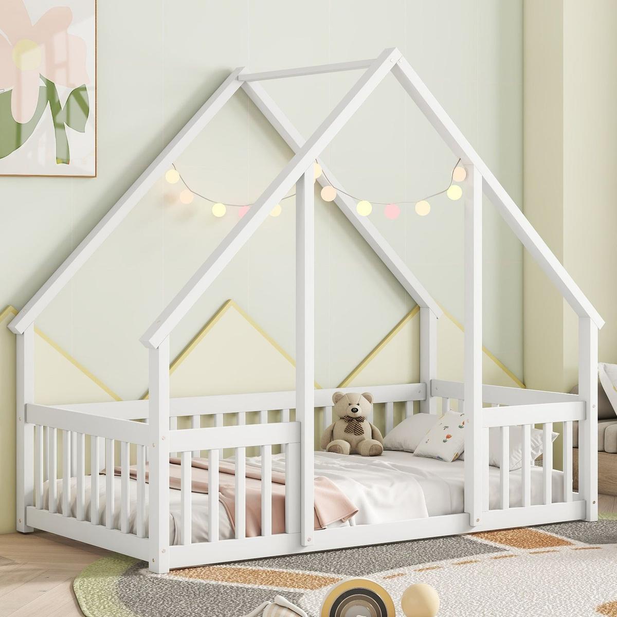 Twin Wood House-Shaped Floor Bed with Fence, Guardrails, White