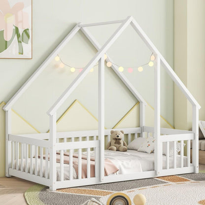 Twin Wood House-Shaped Floor Bed with Fence, Guardrails, White