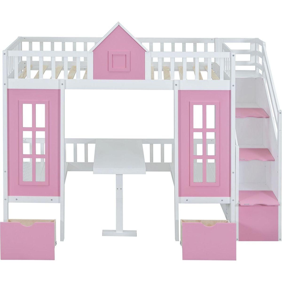 Twin-Over-Twin Bunk Bed with Changeable Table, Bunk Bed Turn into Upper Bed and Down Desk -Pink