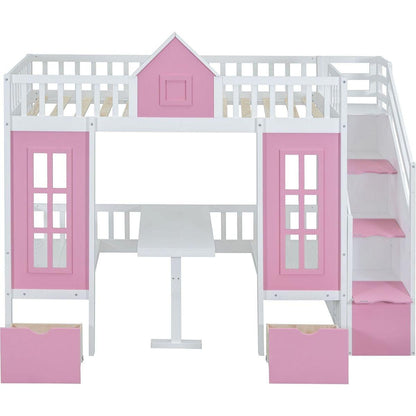 Twin-Over-Twin Bunk Bed with Changeable Table, Bunk Bed Turn into Upper Bed and Down Desk -Pink