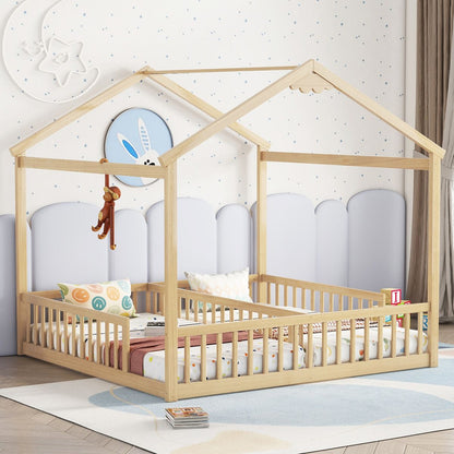 Double Twin House-Style Floor Bed with Fence, Guardrails, without door, Natural(Old Sku:W504P143318)