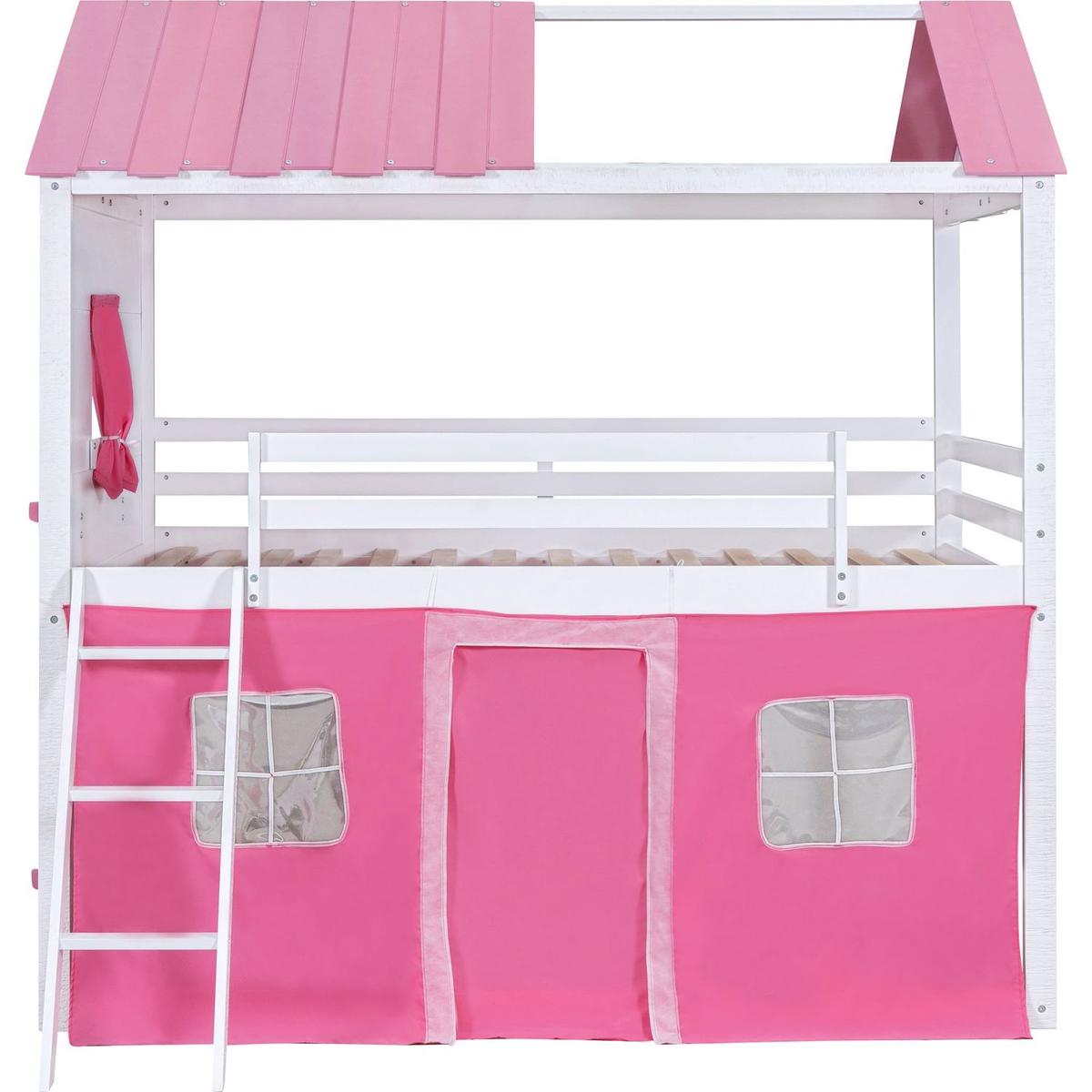 Full Size Bunk Wood House Bed with Elegant Windows, Sills and Tent, Pink+White