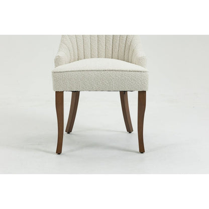 Exquisite White Boucle Upholstered Strip Back Dining Chair with Solid Wood Legs 2 Pcs