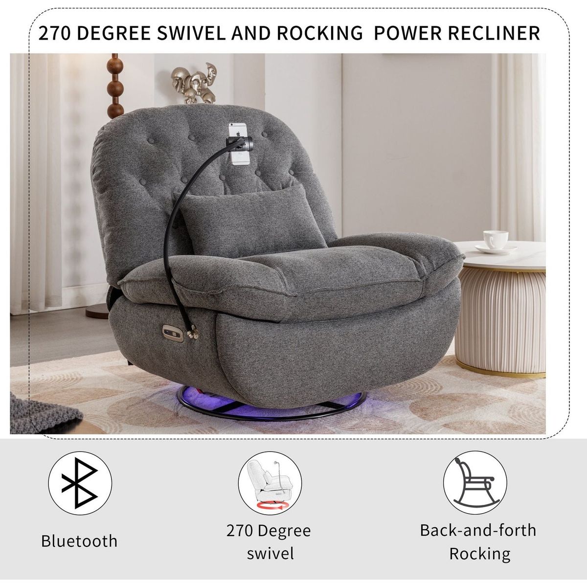 270 Degree Swivel Power Recliner with Voice Control, Bluetooth Music Player,USB Ports, Atmosphere Lamp, Hidden Arm Storage and Mobile Phone Holder for Living Room, Bedroom, Apartment, Grey