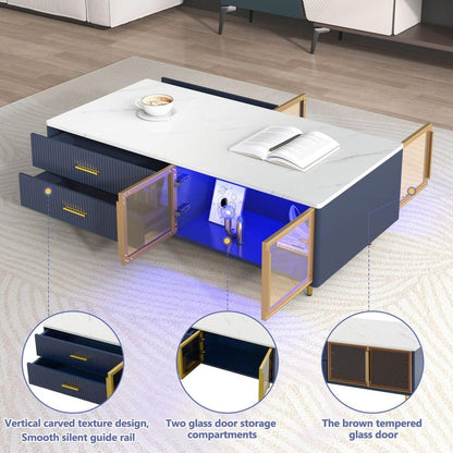 Modern Navy Blue Coffee Table with 2 Glass Door Storage, 4 Drawers, Gold Metal Legs, and Multi-Color Lighting in 47.2"