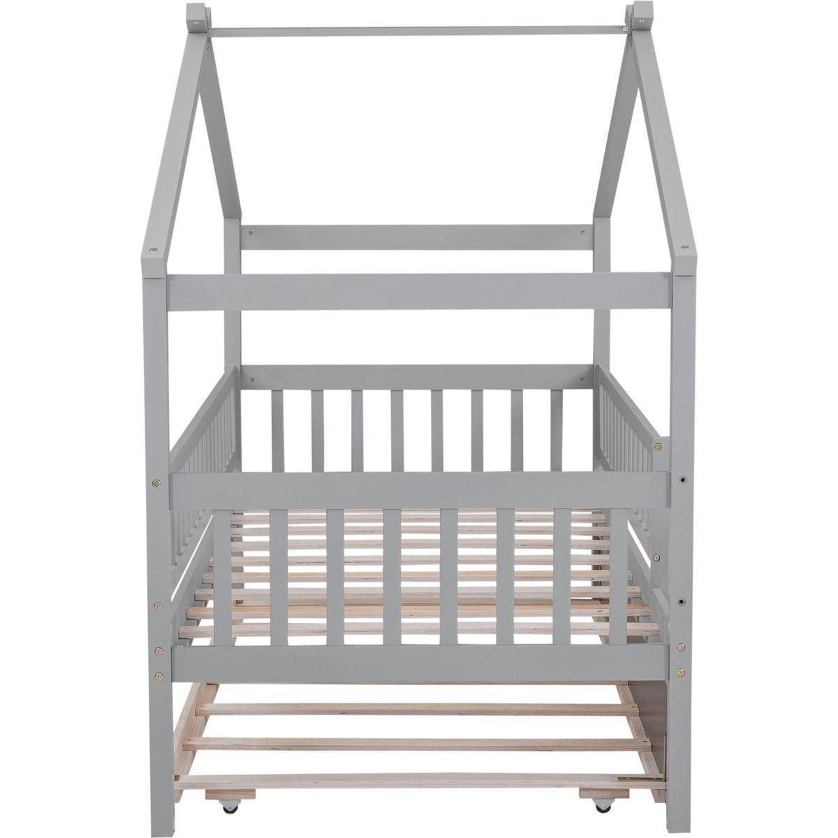 Twin Size Wooden House Bed with Twin Size Trundle, Gray