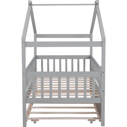 Twin Size Wooden House Bed with Twin Size Trundle, Gray