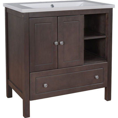 30" Bathroom Vanity with Sink, Bathroom Storage Cabinet with Doors and Drawers, Solid Wood Frame, Ceramic Sink, Brown