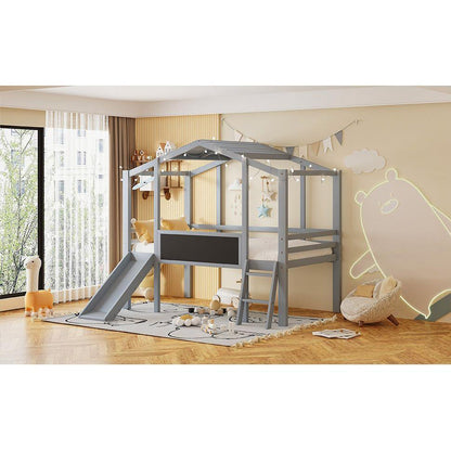 Twin Size Loft Bed with Ladder and Slide, House Bed with Blackboard and Light Strip on the Roof, Gray