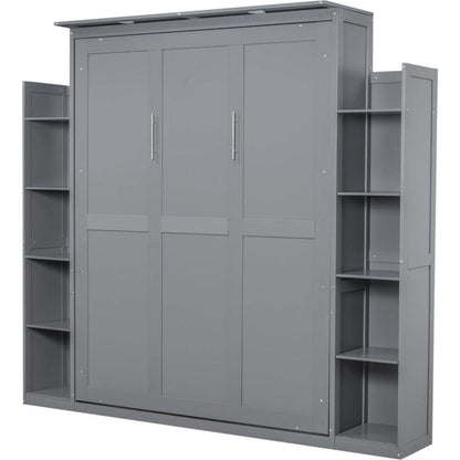 Queen Size Murphy Bed Wall Bed with Shelves and LED Lights,Gray