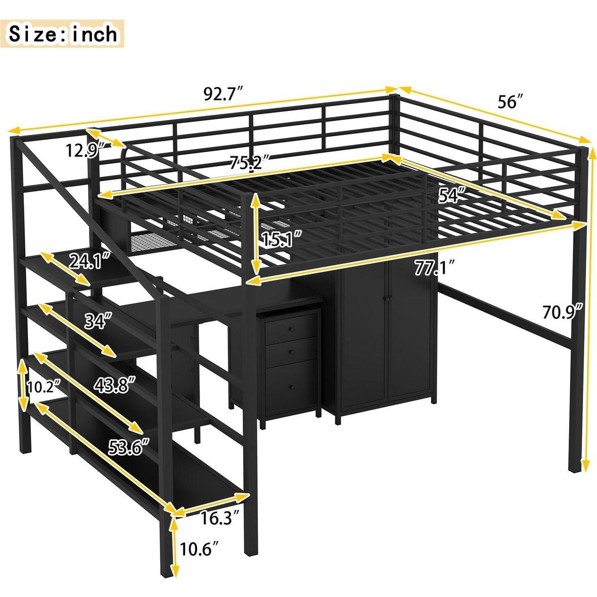 Metal Loft Bed With table set and wardrobe, Full, Black