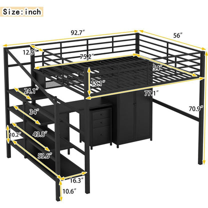 Metal Loft Bed With table set and wardrobe, Full, Black