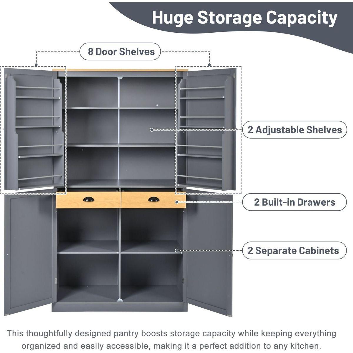 [Assembly Video Provided]40.2x20x71.3inch High Freestanding Kitchen Pantry Large Cupboard Storage Cabinet with 2 Drawers, 2 Adjustable Shelves, 8 Door Shelves for Kitchen, Dining Room,Gray