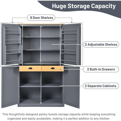 [Assembly Video Provided]40.2x20x71.3inch High Freestanding Kitchen Pantry Large Cupboard Storage Cabinet with 2 Drawers, 2 Adjustable Shelves, 8 Door Shelves for Kitchen, Dining Room,Gray