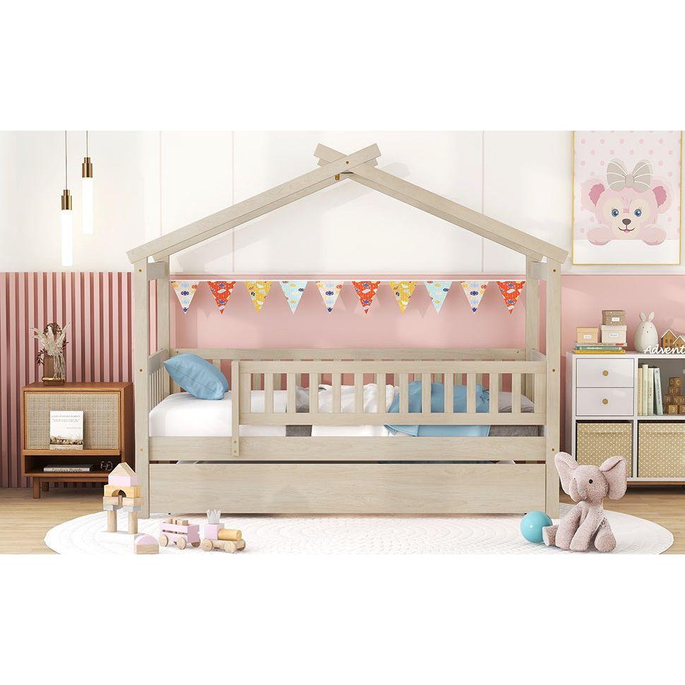 Twin Size Wooden House Bed with Twin Size Trundle, Natural