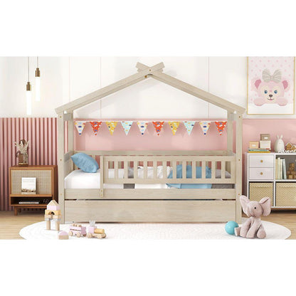 Twin Size Wooden House Bed with Twin Size Trundle, Natural