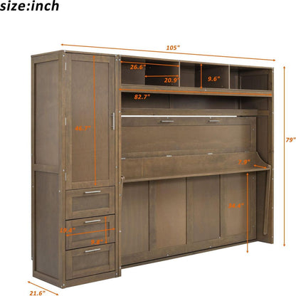 Full Size Murphy Bed with Wardrobe, Drawers and Open Shelves, Antique Grey