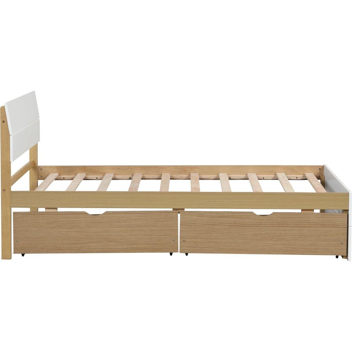 Modern Twin Bed Frame With 2 Drawers For White High Gloss Headboard and Footboard With Light Oak Color