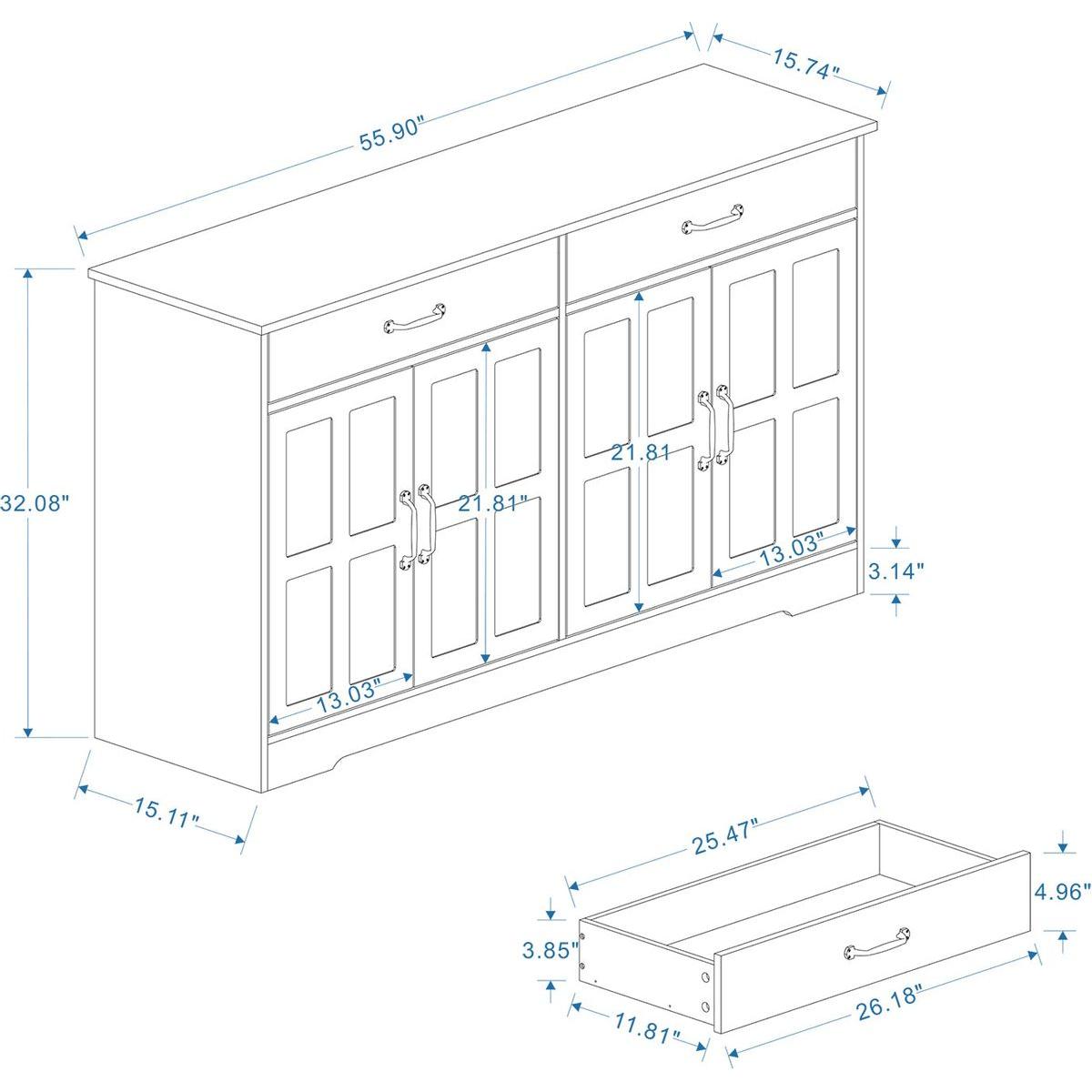 55.91" Large Farmhouse Buffet Cabinet Storage Sideboard with 2 Drawers and 4 Doors for Dining Living Room Kitchen Cupboard-White