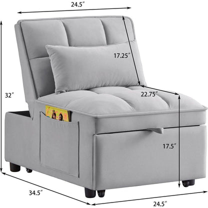 4 in1 Multi-Function Single Sofa Bed with Storage Pockets,Tufted Single Pull-out Sofa Bed with Adjustable Backrest and Pillows, Convertible Chaise Lounge,Gray
