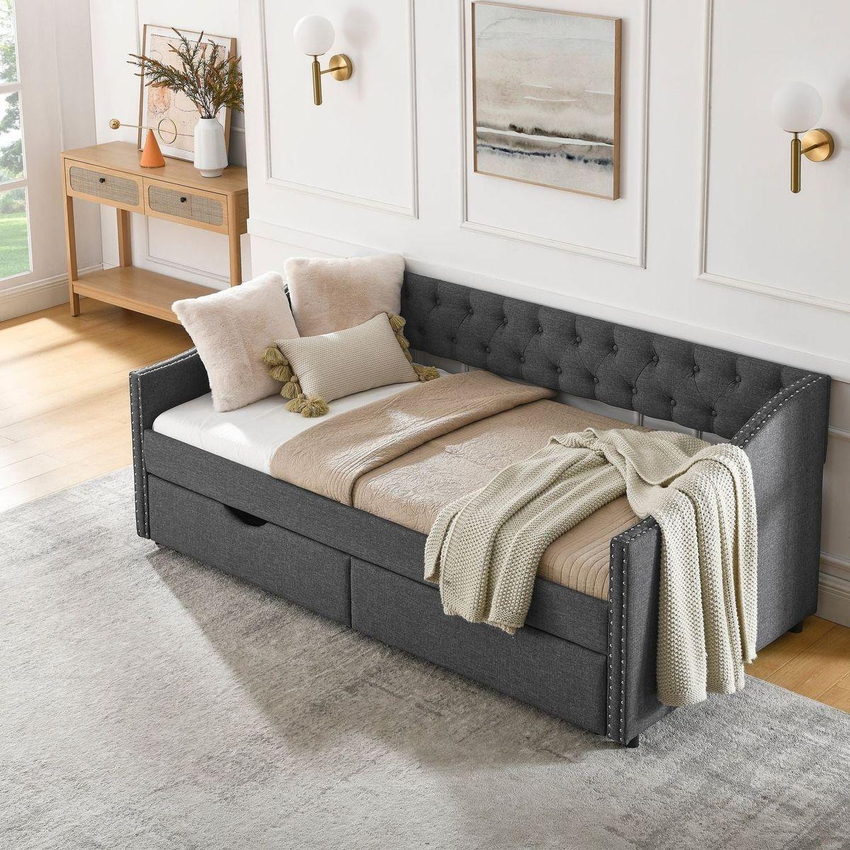 Twin Size Daybed with Drawers Upholstered Tufted Sofa Bed, with Button on Back and Copper Nail on Waved Shape Arms(81.5"x4"x30.5")