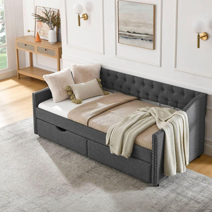 Twin Size Daybed with Drawers Upholstered Tufted Sofa Bed, with Button on Back and Copper Nail on Waved Shape Arms(81.5"x4"x30.5")