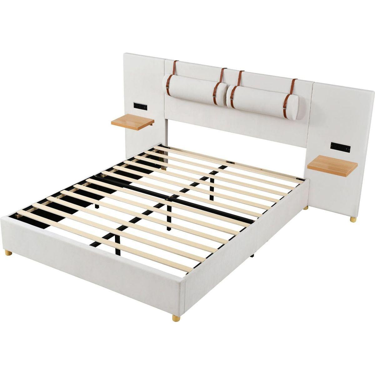 Queen Size Upholstered Platform Bed, Two Outlets and USB Charging Ports on Both Sides, Two Bedside Pillows, Storage Shelves,Velvet, Beige