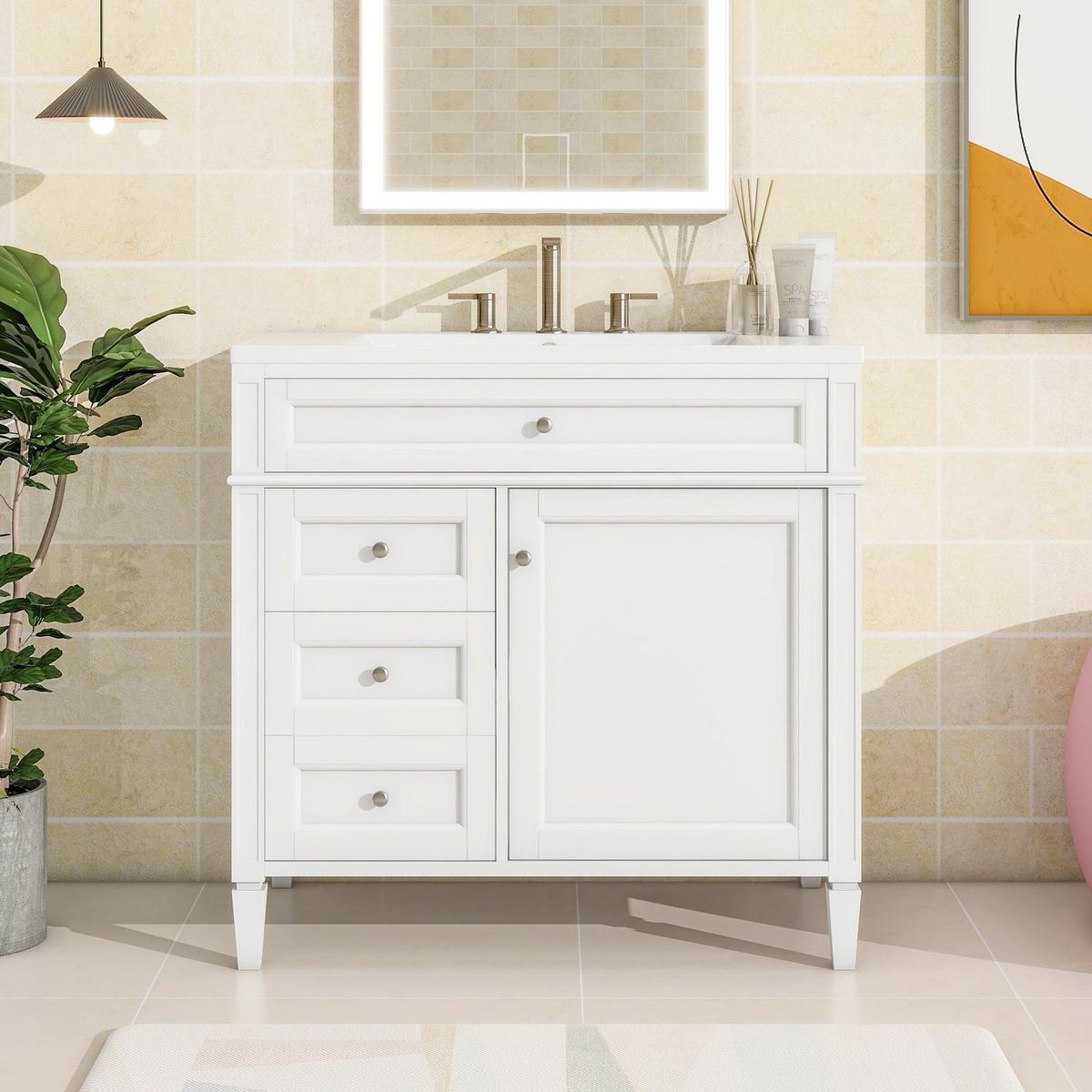 36" Bathroom Vanity with Top Sink, Modern Bathroom Storage Cabinet with 2 Drawers and a Tip-out Drawer, Single Sink Bathroom Vanity