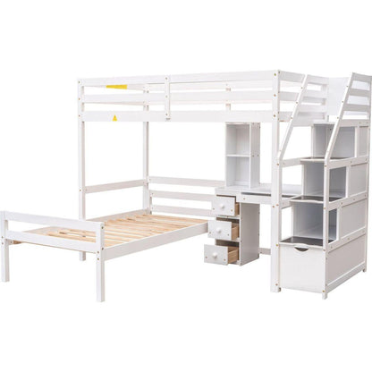 Twin Size Loft Bed with a Stand-alone Bed, Storage Staircase, Desk, Shelves and Drawers, White