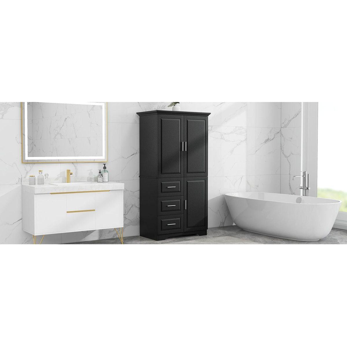 Tall and Wide Storage Cabinet with Doors for Bathroom/Office, Three Drawers, Black
