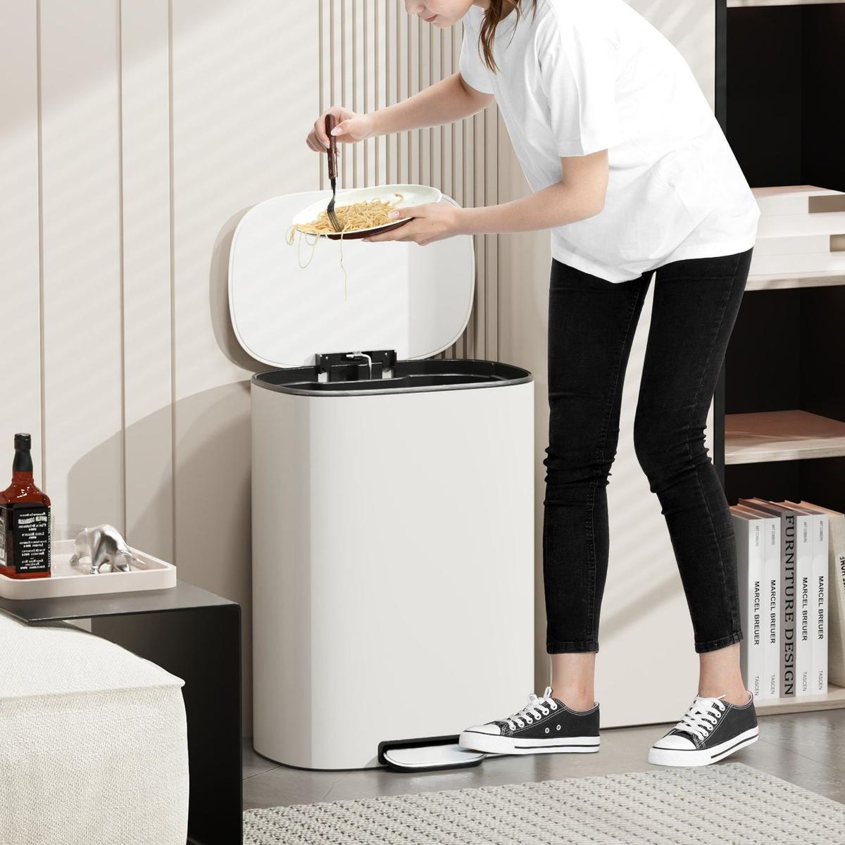 13 Gallon 50L Kitchen Foot Pedal Operated Soft Close Trash Can - Stainless Steel Ellipse Bustbin - White