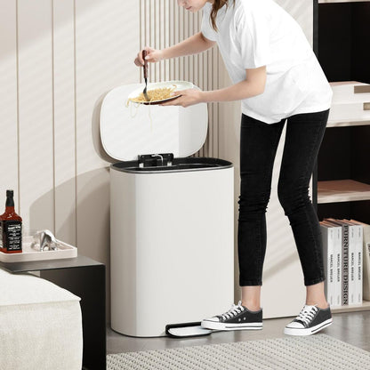 13 Gallon 50L Kitchen Foot Pedal Operated Soft Close Trash Can - Stainless Steel Ellipse Bustbin - White