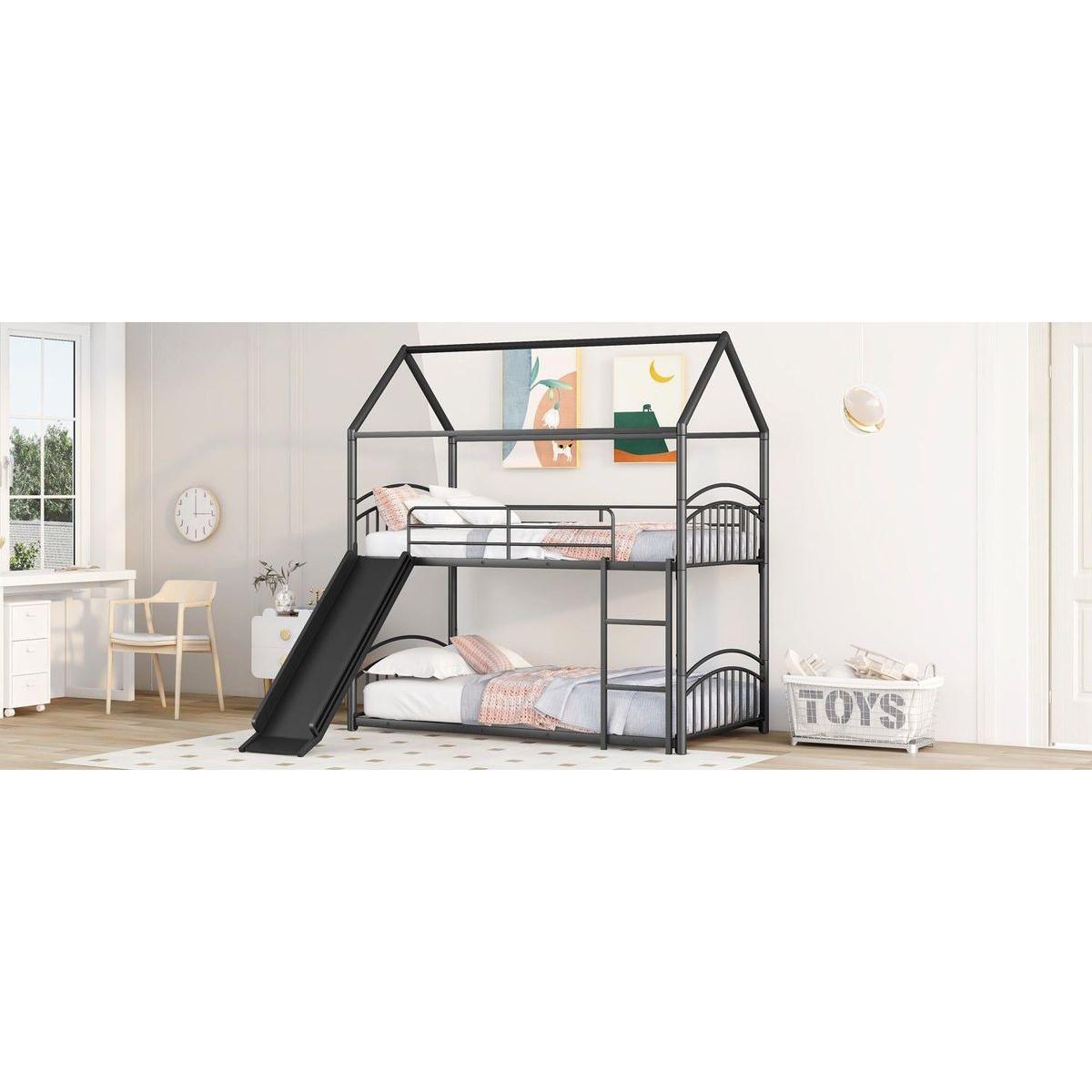 Twin Over Twin Metal Bunk Bed With Slide,Kids House Bed Black