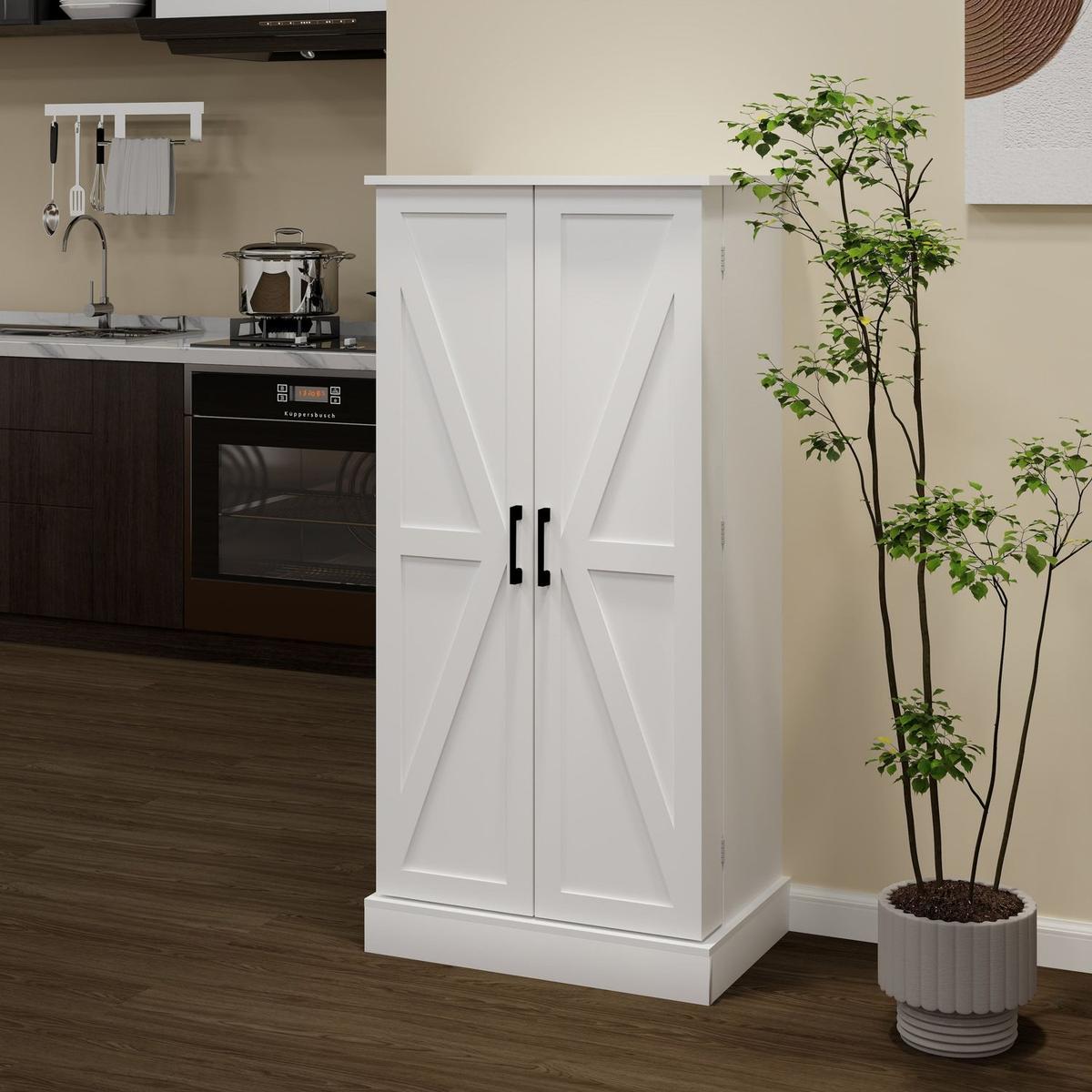 50" LED Kitchen Pantry Cabinet,Freestanding Buffet Cupboards Sideboard with 2 Doors with Racks and Shelves for Kitchen, Living Room and Dining Room-White