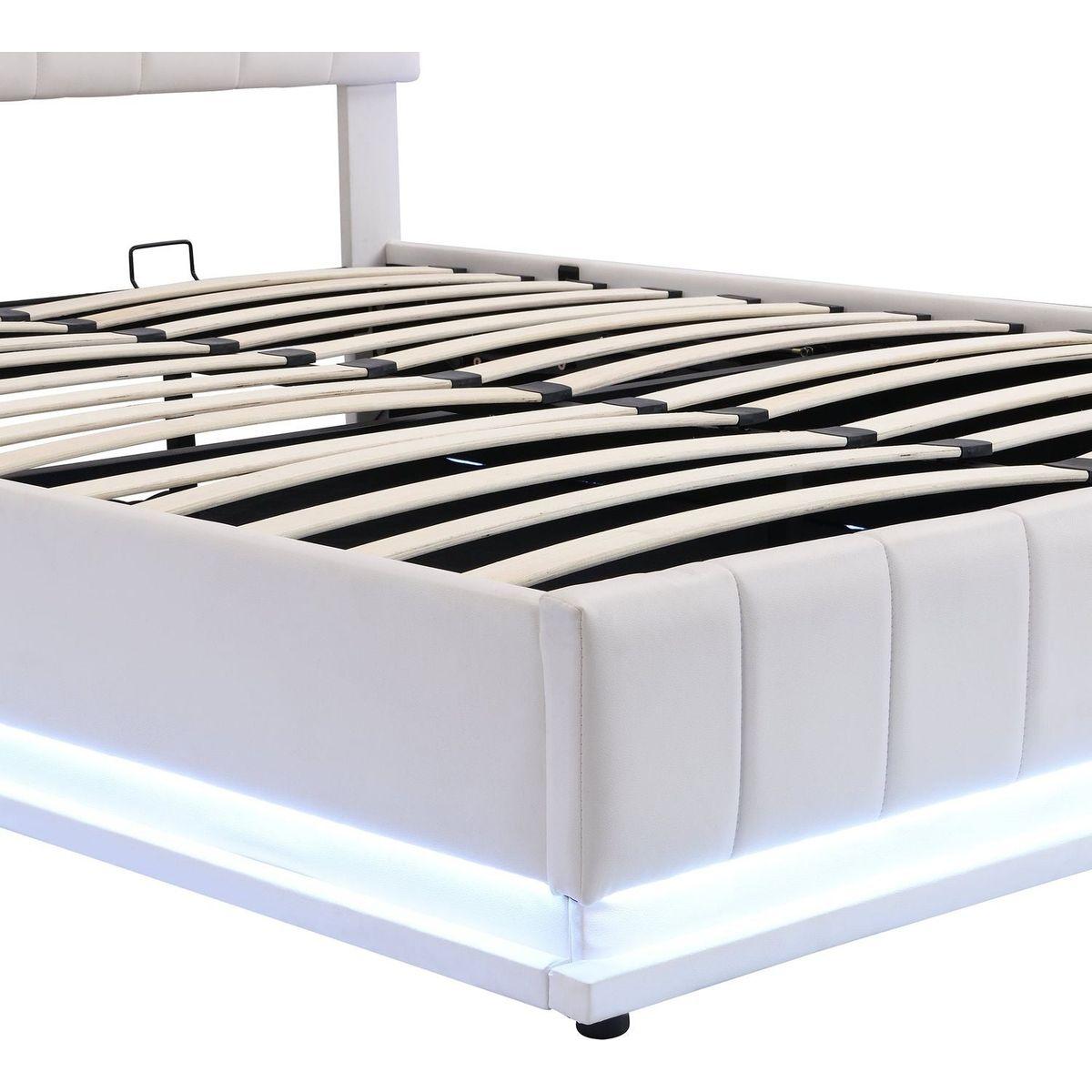 Queen Size Upholstered Bed with Hydraulic Storage System and LED Light, Modern Platform Bed with Sockets and USB Ports, White