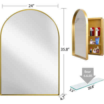 24x36 Inch Arched Recessed Medicine Cabinet, Metal Framed Bathroom Wall Cabinet with Mirror and Adjustable Shelves, Wall Mirror with Storage for Bathroom, Matte Gold