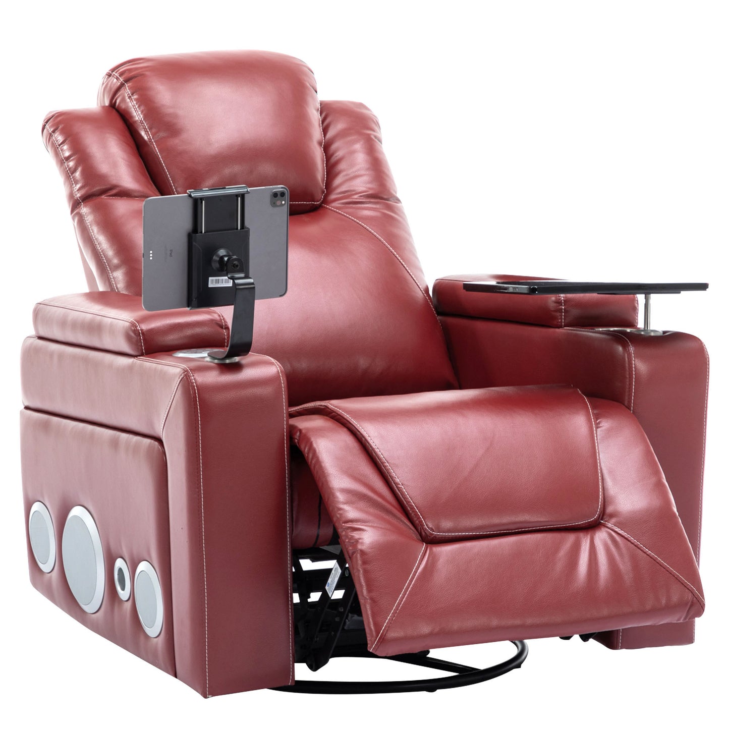 270 Degree Swivel PU Leather Power Recliner Individual Seat Home Theater Recliner with Surround Sound, Cup Holder, Removable Tray Table, Hidden Arm Storage for Living Room, Red