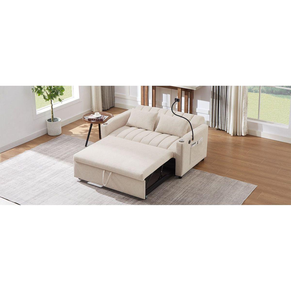 55.9" Convertible Sofa Bed Loveseat Sofa with Three USB Ports, Two Side Pockets, Two Cup Holders and 360Swivel Phone Holder for Living Room, Beige