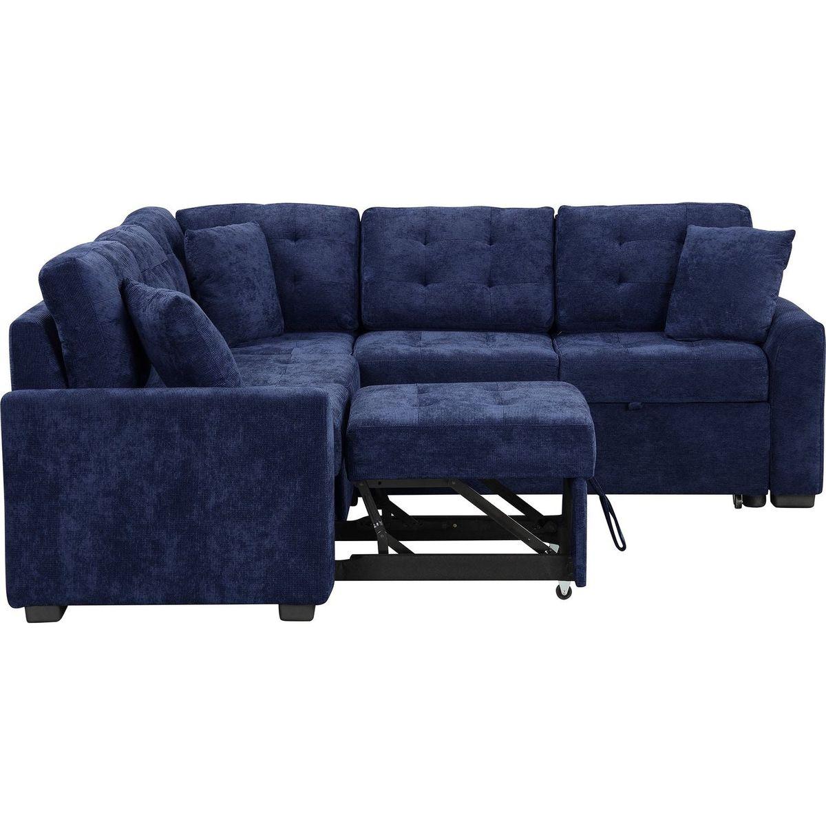 82.6" L-shape Sofa Bed Pull-out Sleeper Sofa with Wheels, USB Ports, Power Sockets for Living Room, Navy Blue
