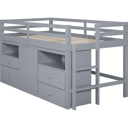 Twin Size Loft Bed with 4 Drawers, Underneath Cabinet and Shelves, Gray
