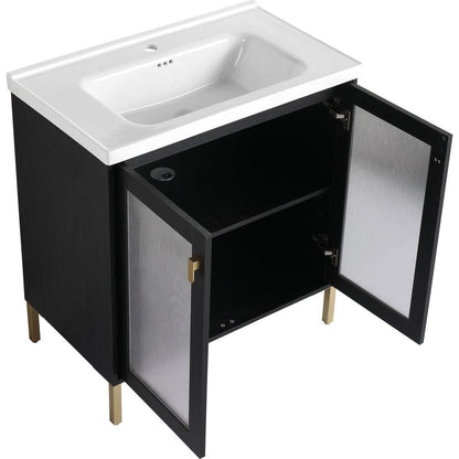 32Inch Freestanding Bathroom Vanity Plywood With Ceramic Sink, Soft Closing Door (KD-Package)