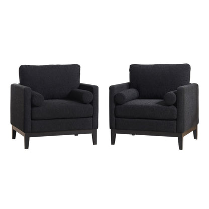 35.4' Wide Modern Farmhouse Performance Accent Chair with Black Finish Legs, Wood Base Reading Armchair Single Sofa with Two Bolster Pillows for Living Room offices and Lounge, Black Boucle.