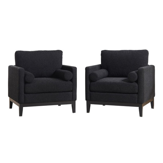 35.4' Wide Modern Farmhouse Performance Accent Chair with Black Finish Legs, Wood Base Reading Armchair Single Sofa with Two Bolster Pillows for Living Room offices and Lounge, Black Boucle.