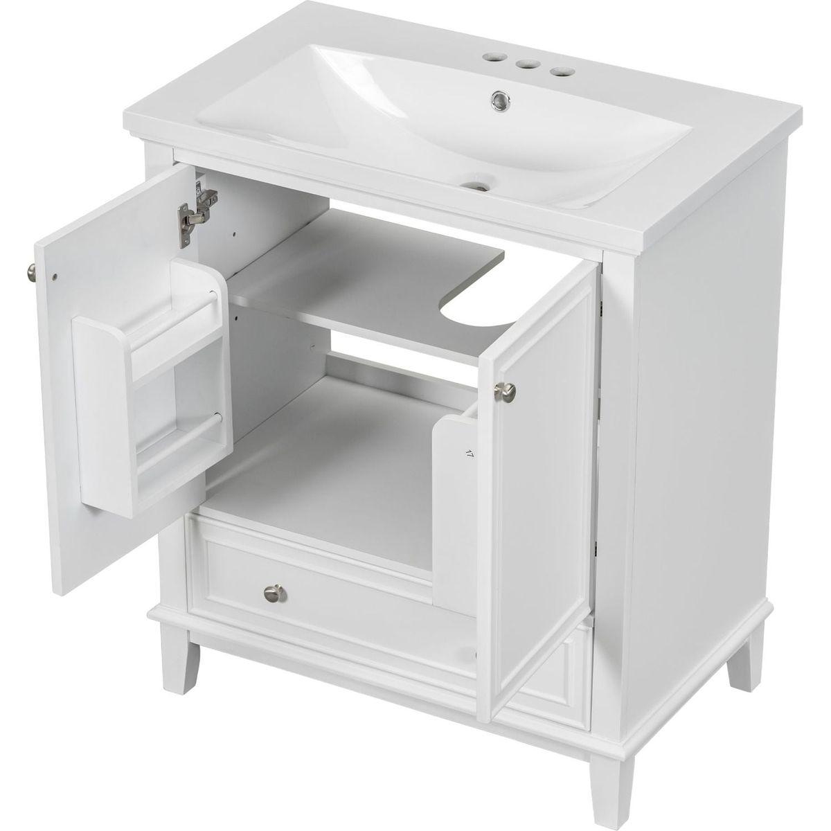 30" Bathroom Vanity with Sink Combo, Multi-functional Bathroom Cabinet with Doors and Drawer, Solid Frame and MDF Board, White