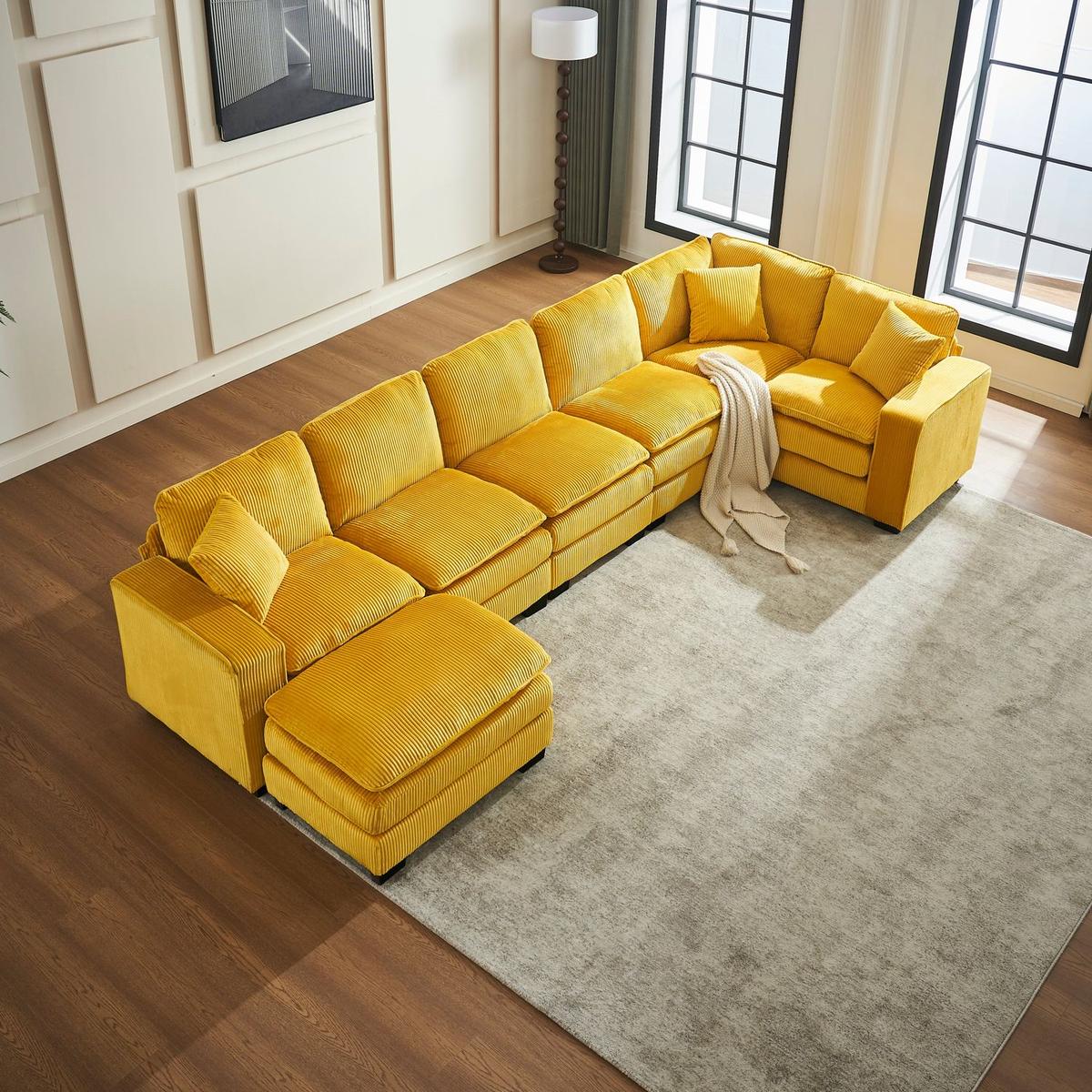 Modern U Shaped 6-seat Sectional Sofa Couch with one Ottoman and three toss pillows, Modular Sofa for Living Room,Corduroy sofa