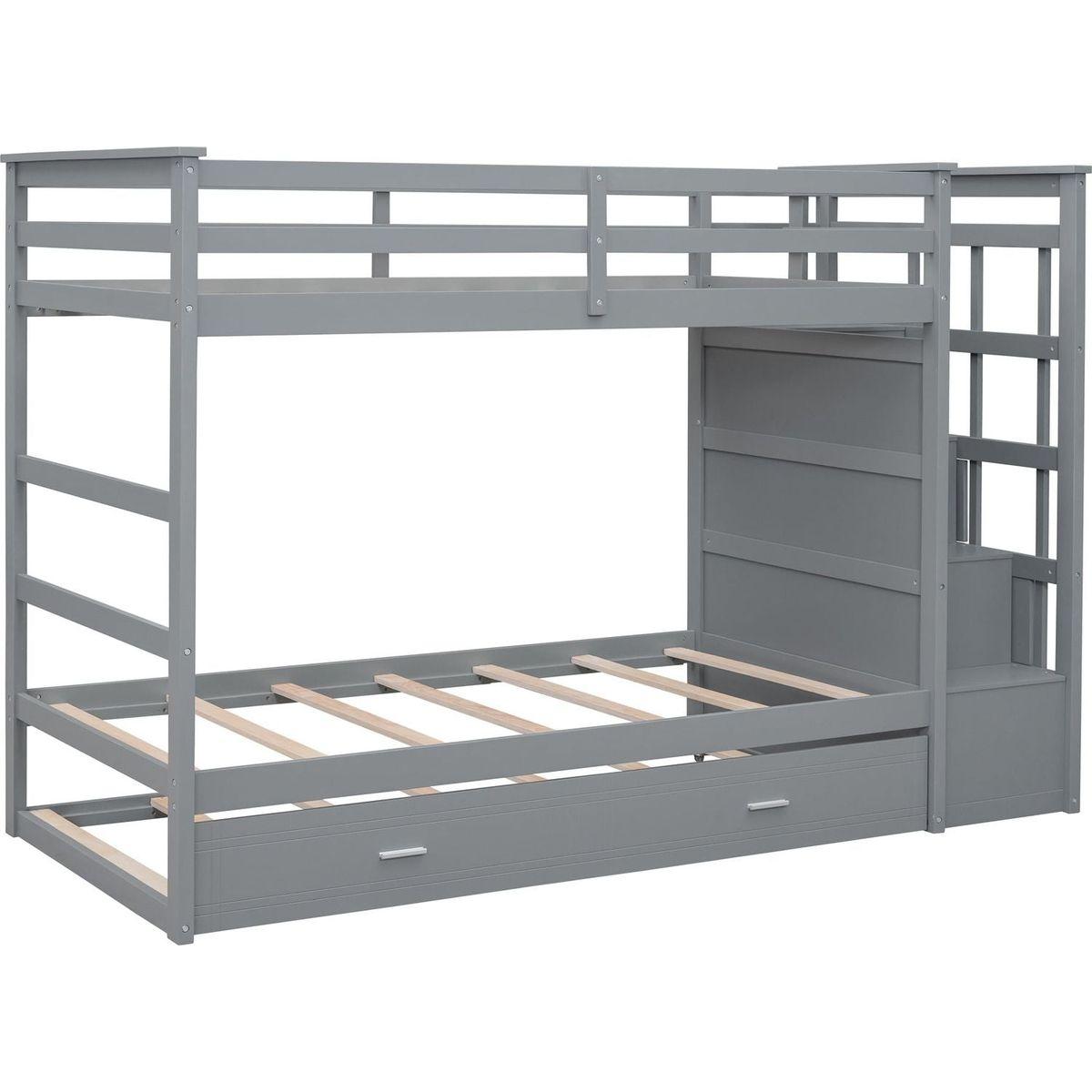 Twin Over Twin Bunk Bed with Trundle and Staircase,Gray