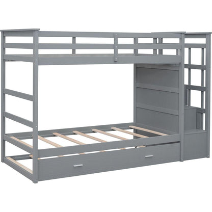 Twin Over Twin Bunk Bed with Trundle and Staircase,Gray