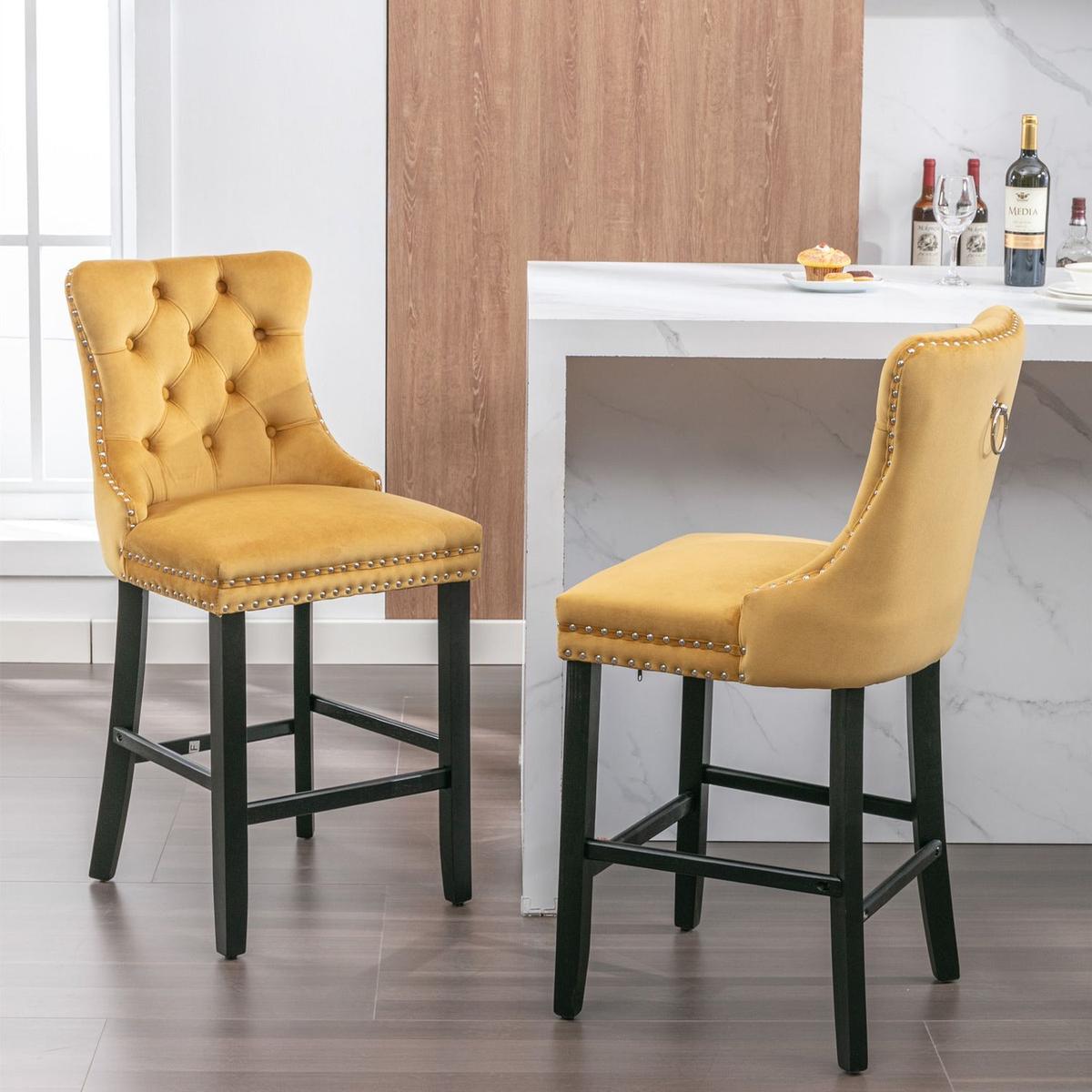 Contemporary Velvet Upholstered Barstools with Button Tufted Decoration and Wooden Legs, and Chrome Nailhead Trim, Leisure Style Bar Chairs,Bar stools, Set of 2 (Golden)