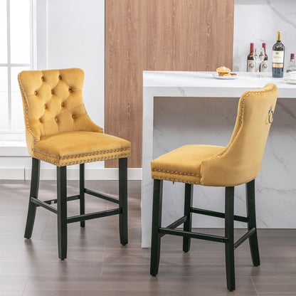 Contemporary Velvet Upholstered Barstools with Button Tufted Decoration and Wooden Legs, and Chrome Nailhead Trim, Leisure Style Bar Chairs,Bar stools, Set of 2 (Golden)