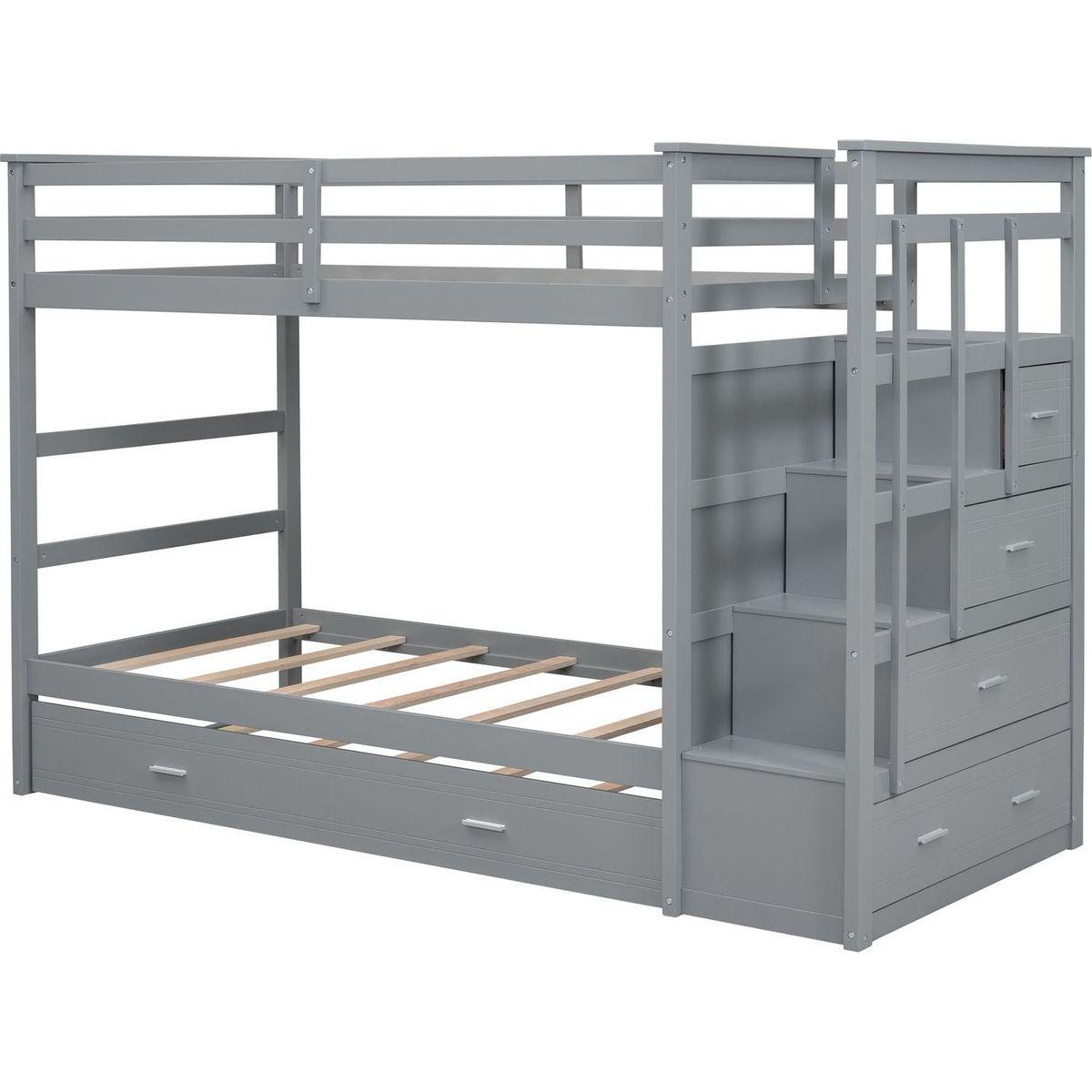 Twin Over Twin Bunk Bed with Trundle and Staircase,Gray